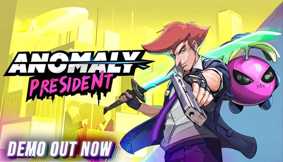 Anomaly President: red-haired man aims rifle while holding sword, beside floating purple drone in neon city skyline.