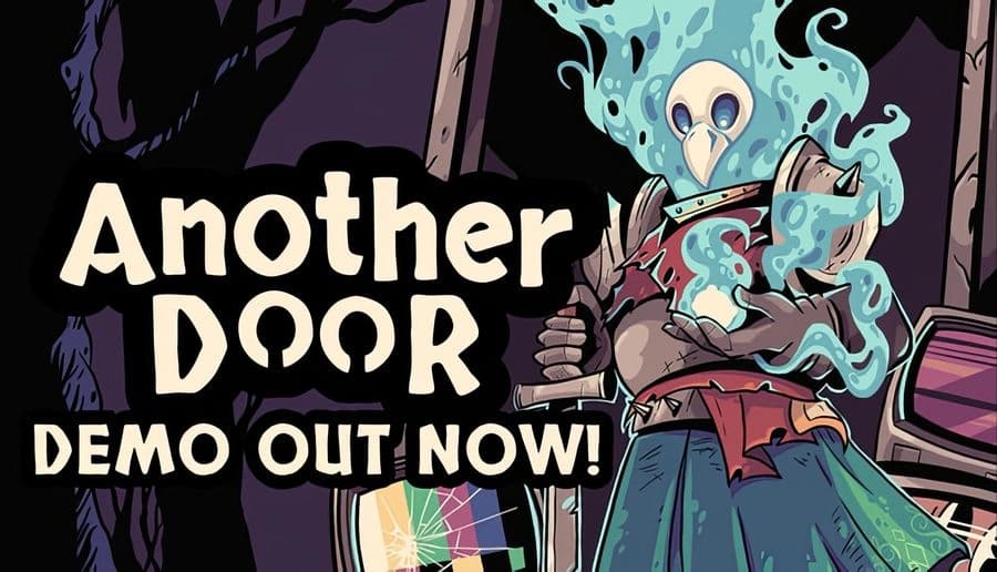 Another Door: skeleton warrior grips a spear while blue ghostly flames swirl around skulls in a dark forest doorway.