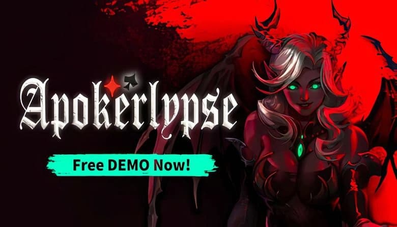 Apokerlypse: Winged demon woman with glowing green eyes, white hair, and horns stands against a fiery red backdrop.
