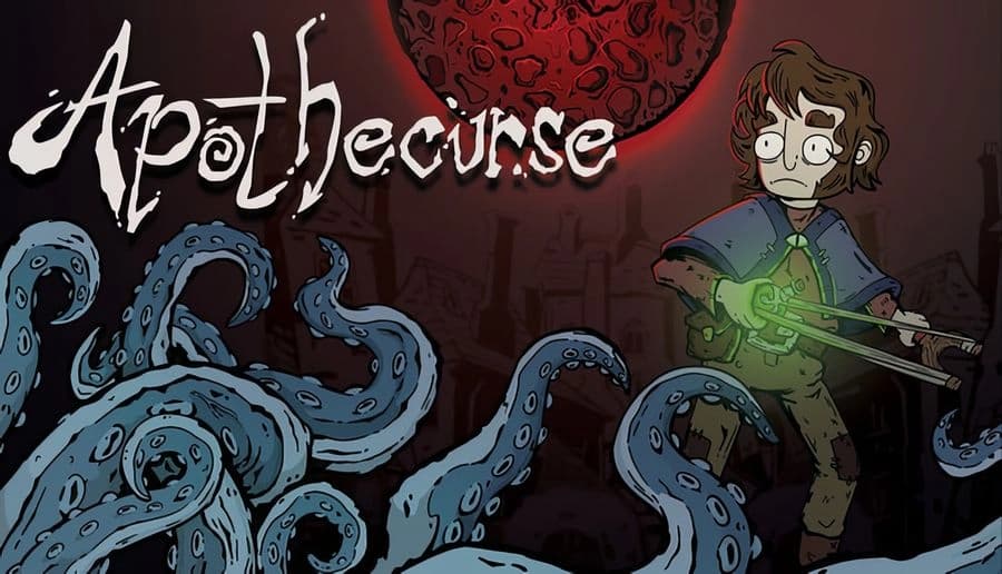 Apothecurse: wide-eyed young man grips a glowing green rifle as blue tentacles rise around him in dark harbor ruins.