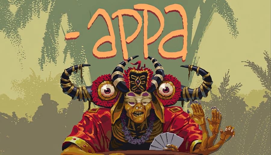 Appa: Horned mask demon with red robes and bulging eyes raises hands behind a fan on a muted green backdrop.
