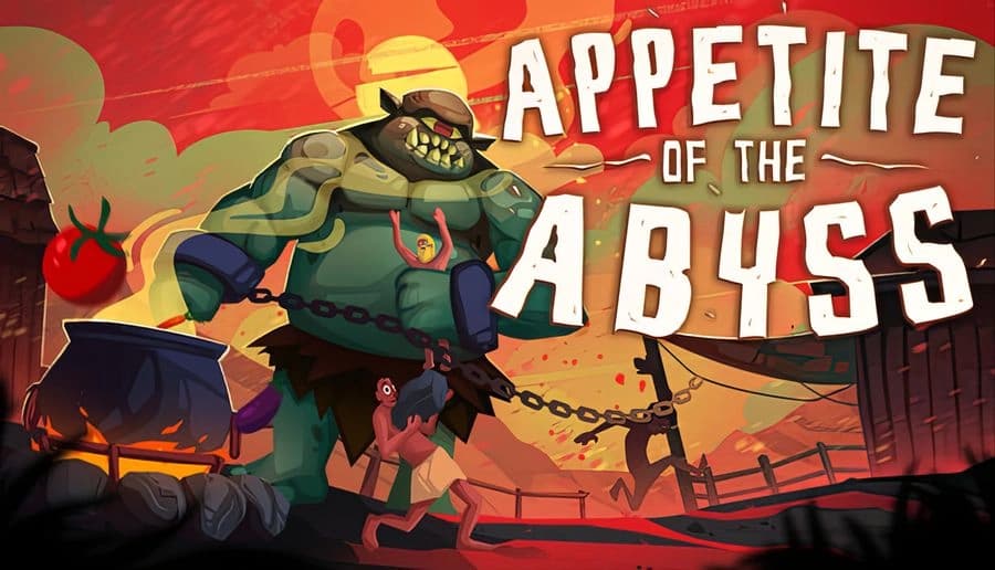 Appetite of the Abyss: Green ogre-like monster in chains looms over tiny cooks beside a cauldron in a cavern.