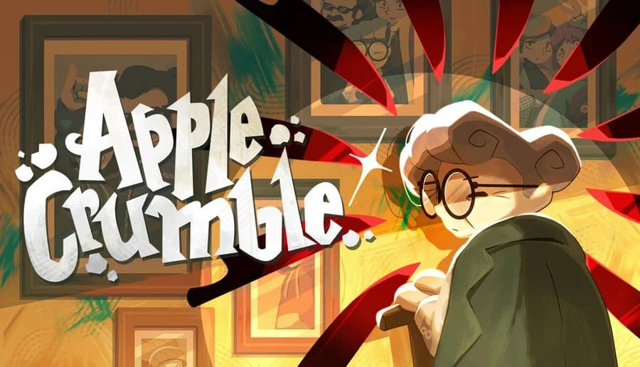 Apple Crumble: Elderly woman with round glasses turns in surprise as red shards fly across a warmly lit room interior.