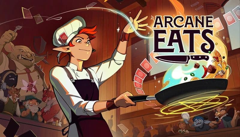 Arcane Eats: Young man chef energetically flips glowing ingredients in pan on stage, crowd of diverse creatures watch in awe.