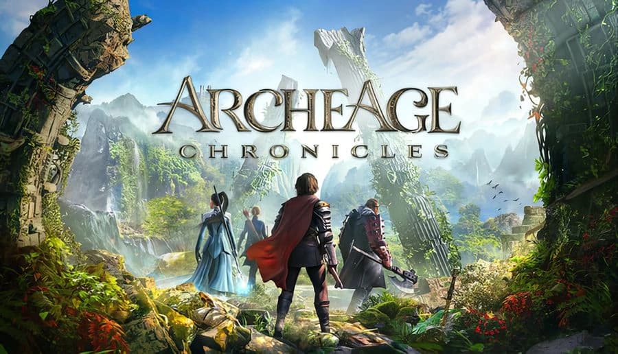 ArcheAge Chronicles: three adventurers face towering ruined monoliths in misty mountains, one holding a red cape.
