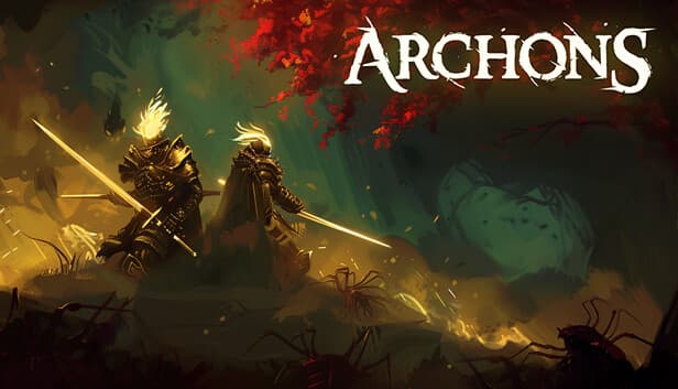 Archons: Two armored warriors wield glowing swords in a dark forest, surrounded by spiders, under a vibrant red canopy.