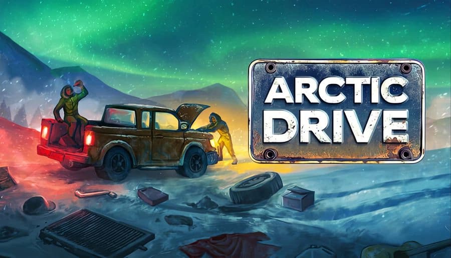 Arctic Drive: bundled driver by rusty SUV waves from roof rack, red flare lighting snowy rocks under aurora sky.