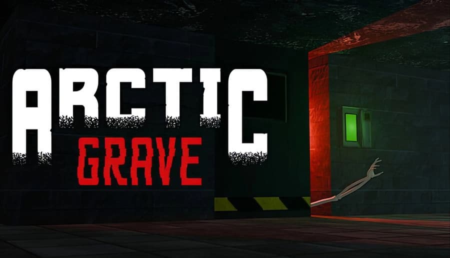 Arctic Grave: disembodied pale arm reaching from a dark corner toward a green-lit door in an empty corridor.