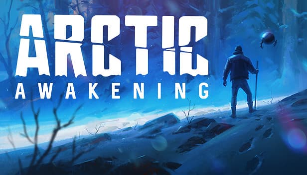 Arctic Awakening: A lone man with a stick stands in a snowy forest as a hovering drone companion observes the icy terrain.