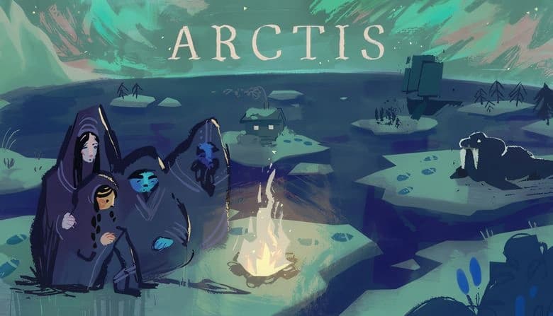Four cloaked figures sit near a glowing campfire on icy terrain, with icy platforms surrounding them. A walrus rests nearby.