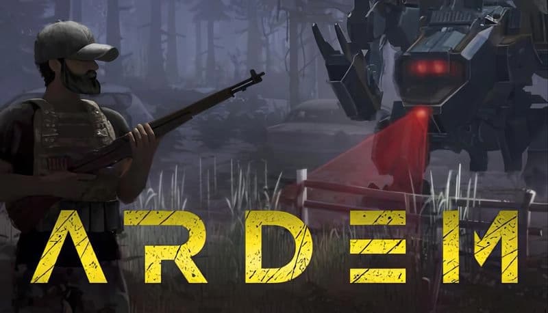 Ardem: Armed man in forest confronts large robot mech with red laser eyes, misty trees and vintage car in backdrop.