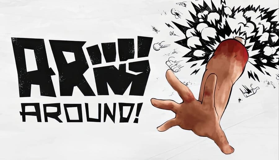 Arm Around!: A disembodied arm leaps from an explosive burst on a white background, with dynamic comic-style action effects.