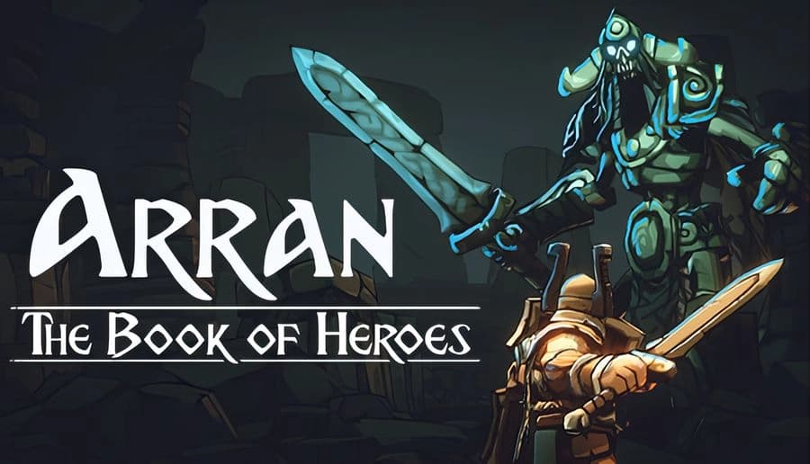 Arran: Armored knight raises sword toward towering blue-glowing warrior in dark dungeon corridor with misty shadows.