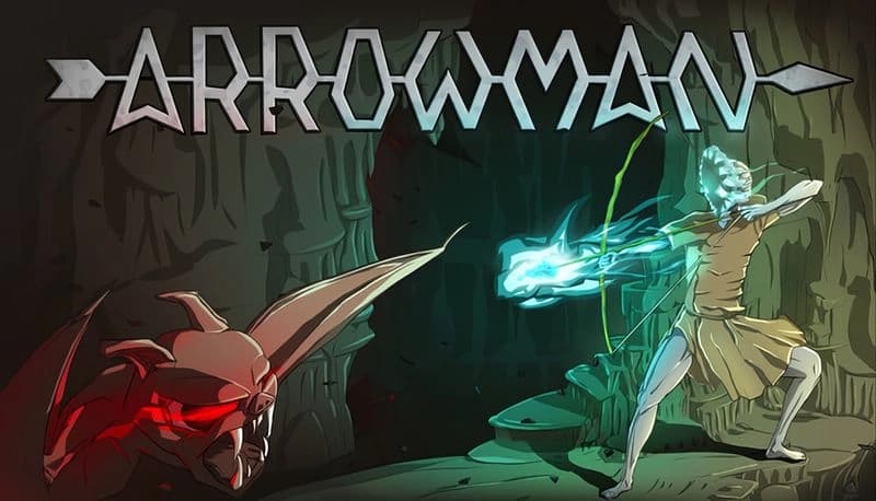 Arrowman: Robed man with glowing bow aims at monstrous creature in shadowy cavern, energy swirling around him.