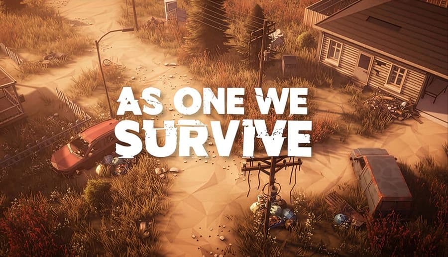 As One We Survive: abandoned street with crashed cars and debris beside houses under dusty orange sunlight.