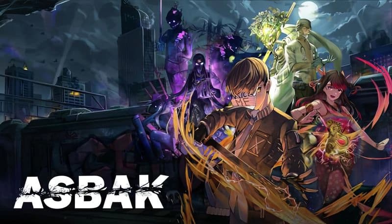 Asbak: Young man with glowing sword leads group against shadowy demons in urban nightscape, full moon illuminating scene.