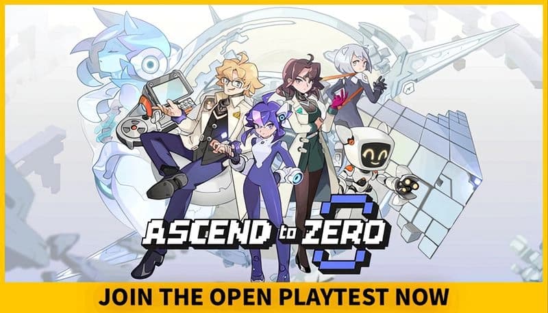 Ascend to ZERO: Purple-haired girl in futuristic armor stands confidently, gears and machinery form intricate background design.