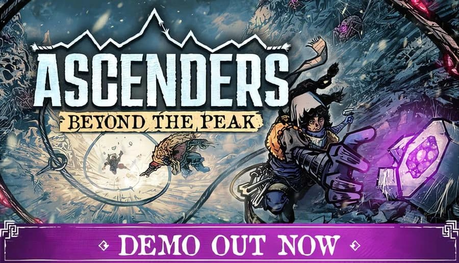 Ascenders: Gloved climber grips rope near glowing purple artifact as winged creatures fly over snowy mountain ridge.