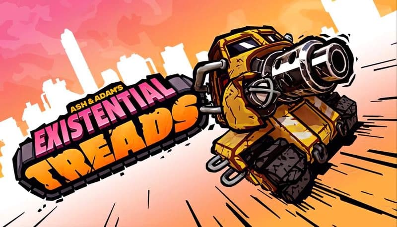 Ash & Adam's Existential Treads: Yellow mech with cannon races through orange cityscape, leaving dynamic lines behind.