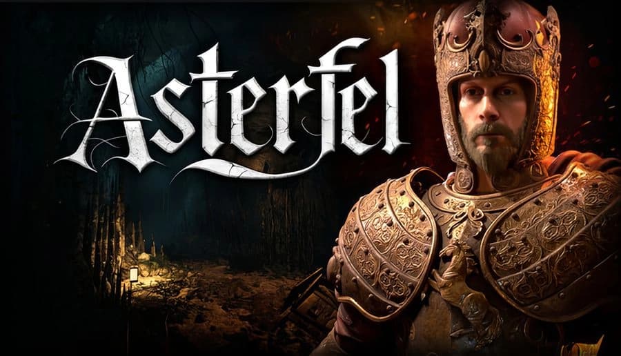 Asterfel: Armored bearded man in ornate helmet and cuirass beside glowing letters over dark forest at night.