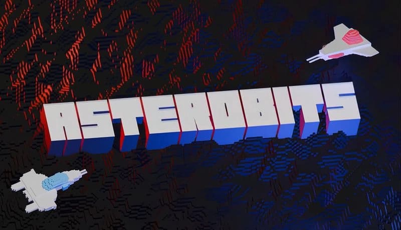 Asterobits: Two pixelated spacecraft navigate a dark, digital space landscape, evoking an arcade-style retro aesthetic.