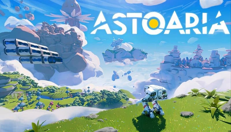 Astoaria: Robot explores vibrant, floating islands; towering structures and colorful flora under a bright sky.