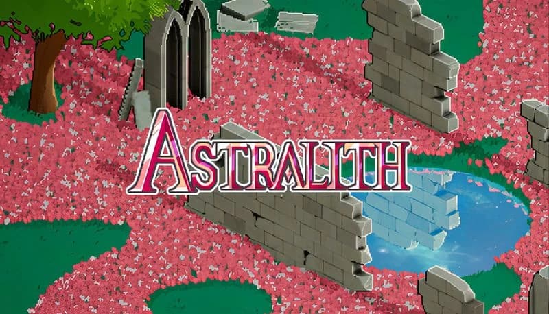 Astralith: Ruined stone arches and walls amidst a field of pink flowers surround a reflective pond under a green tree.