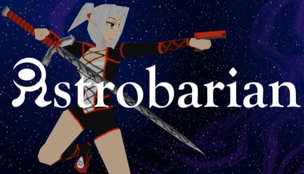 Astrobarian™: White-haired young woman in black bodysuit aims red pistol, sword on back against starfield vortex sky.