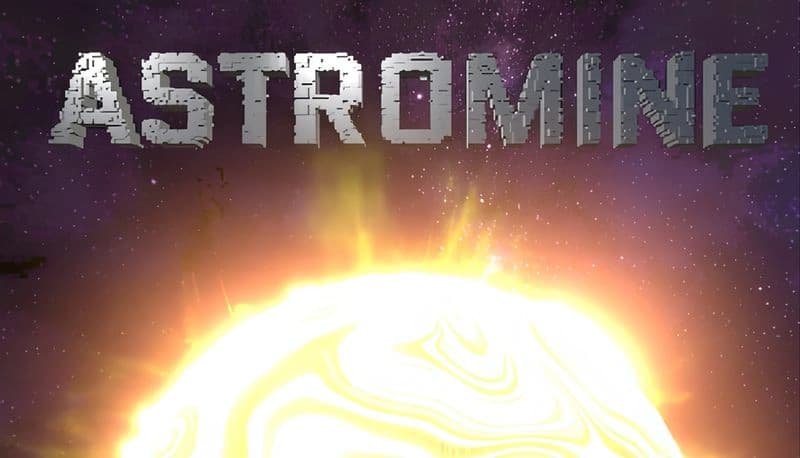 Astromine: A voxel sun emits bright light against a vast starry galaxy, highlighting the game's cosmic exploration theme.