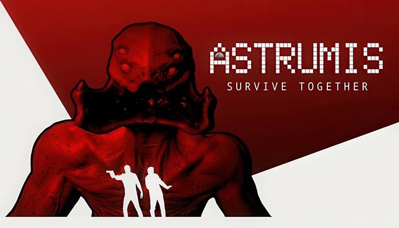 Two silhouetted figures stand in front of a large red alien creature with glowing eyes, set against a red background.