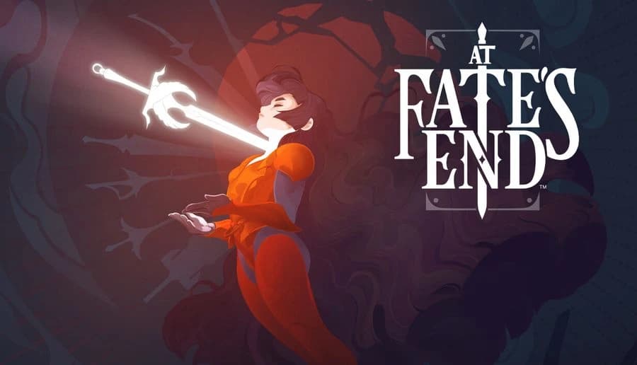 At Fate’s End: Red-haired woman reaches toward a glowing white spirit in a shadowy hall of cracked stone pillars.