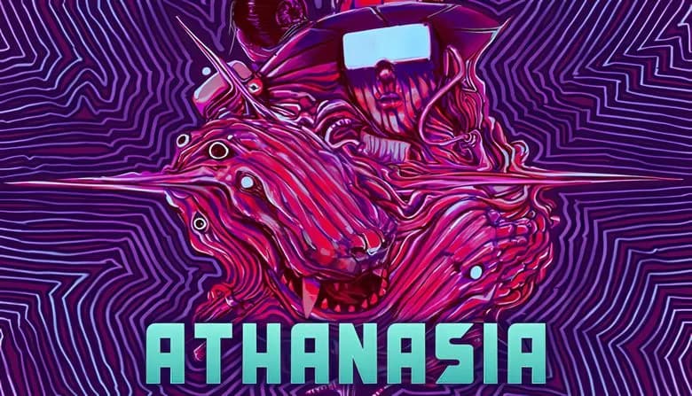 A pink-hued surreal blob with a human face in a futuristic visor merges with spiked dinosaurs on a patterned background.