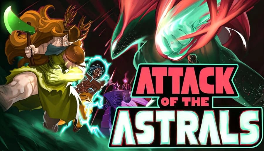 Attack of the Astrals: A warrior trio battles cosmic threats with glowing blades and spells in a vibrant, otherworldly realm.
