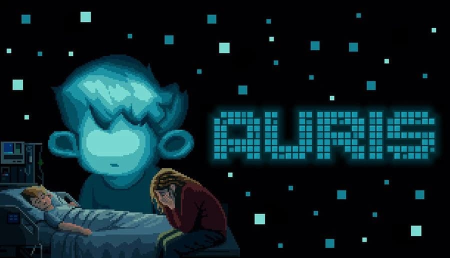 Auris: Blind boy in blue silhouette looms above woman at bedside in dark lab room with glowing pixel blocks.