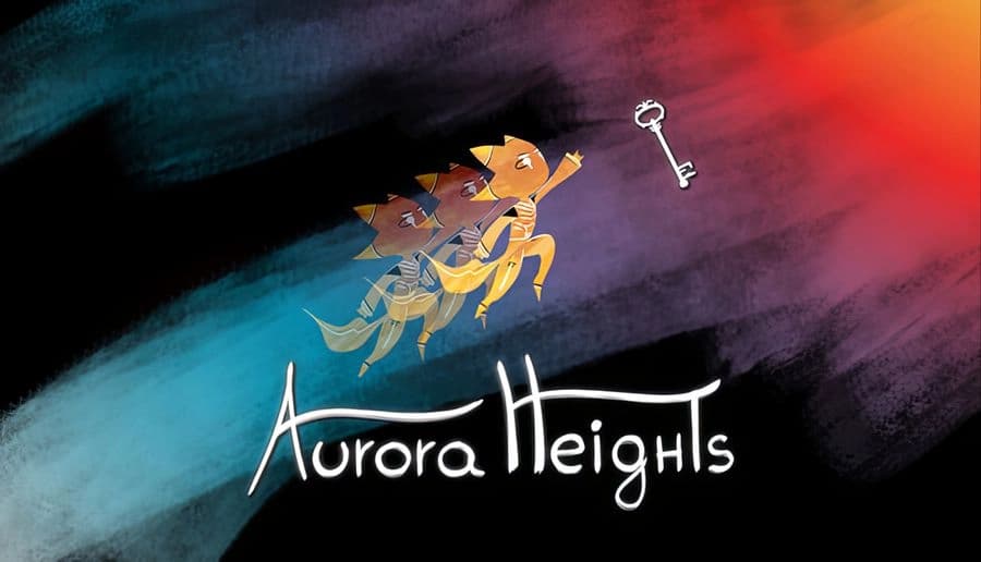 Aurora Heights: Hoshi, a star-headed character, climbs through colorful swirling skies, reaching for a floating silver key.