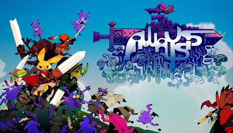 Awaysis: Vibrant animal warriors in armor clash on a hill, surrounded by colorful creatures under a bright blue sky.