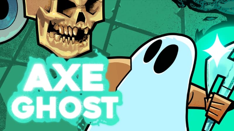 A cartoon ghost holding a glowing axe confronts a menacing floating skull in a stylized green-toned scene.