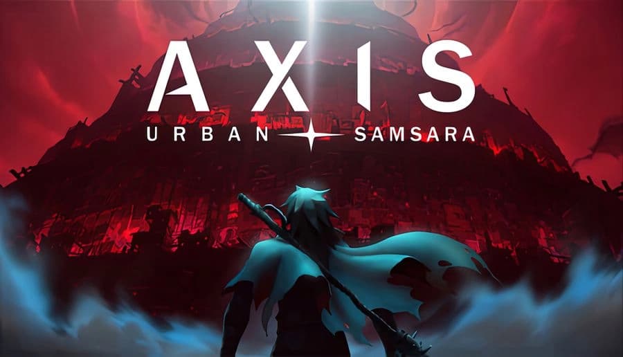 AXIS Urban Samsara: Blue-haired woman with sword on cliff facing towering red city-mountain under bright sky glow.