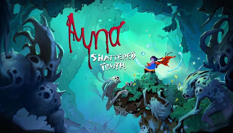 Ayna: Young girl in red cape stands on a rocky outcrop in a mystical forest surrounded by twisted trees and bluish light.