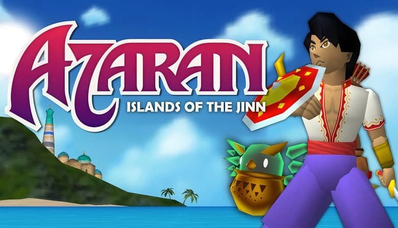 Young man holds a sword and shield on a tropical beach. A spirit owl accompanies him. A castle stands in the background.