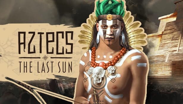 Male Aztec warrior with green feathered headdress, skull necklace, and white body paint, holds a bow near an ancient temple.