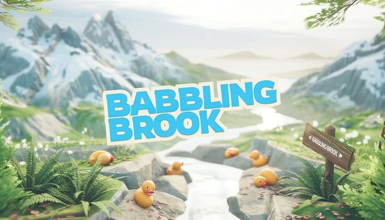 Babbling Brook: Rubber ducks lay beside mountain stream through lush forest, with wooden sign and distant snow-capped peaks.