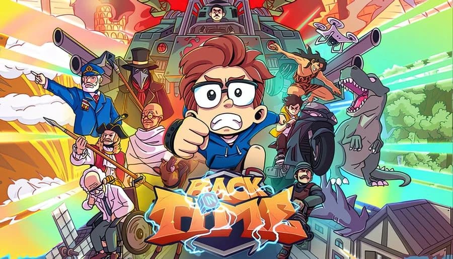 Back In Time: Young boy in glasses runs from chaotic mix of historical figures and dinosaurs in a vibrant, comic-style setting.