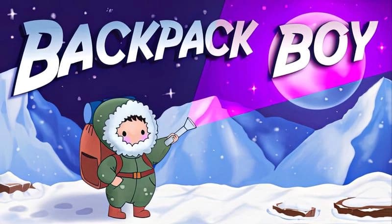 Backpack Boy: Young boy in parka shines flashlight, revealing pink glow in snowy mountain setting under starry sky.