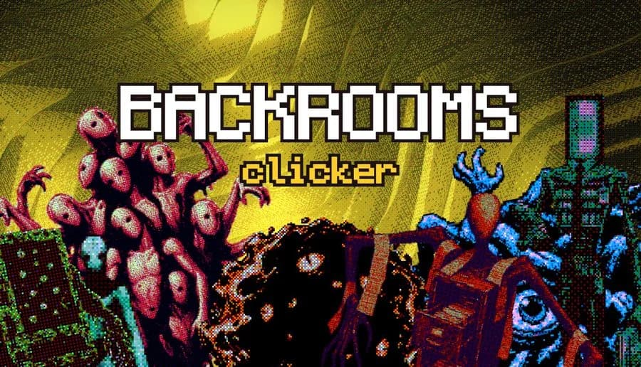 Backrooms Clicker: pixelated monster eyes and fleshy tendrils surround the title in a dark, grungy corridor backdrop.