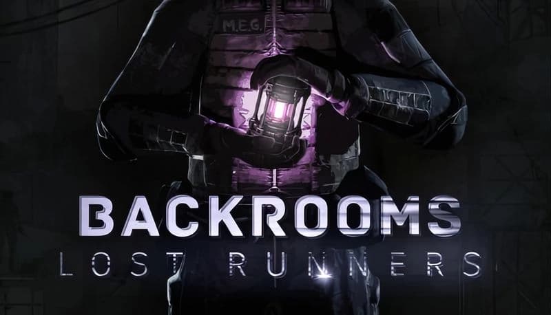 Backrooms Lost Runners: Armored figure with "M.E.G" nametag holds purple-glowing lantern in dark industrial setting.