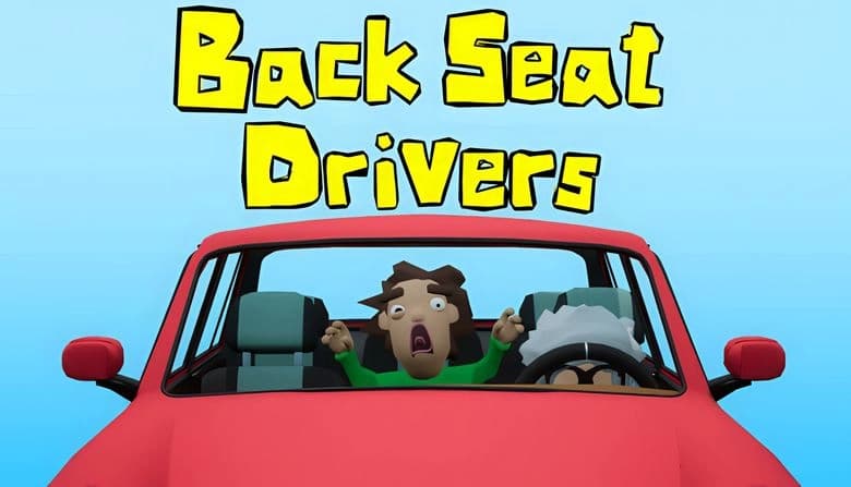 Two cartoon characters sit in a red car; a worried young man in green gestures frantically while a short older lady drives.