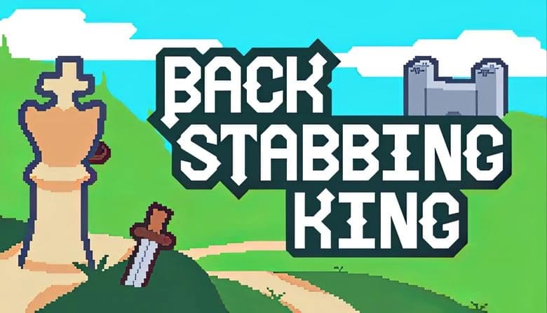 Backstabbing King: Chess piece with dagger in grassy landscape, castle in distance under bright blue sky with clouds.