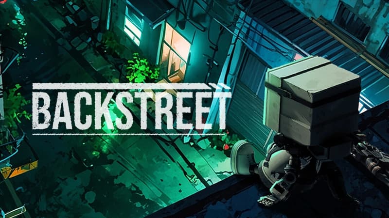 A cardboard-headed robot sits on a rooftop, overlooking a dimly lit alley with neon green lights.