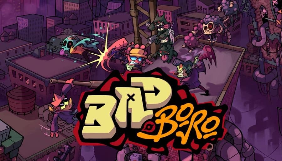 Bad Boro: Blue-skinned man with pink hair and headphones holds a glowing sword in a purple city street at night.